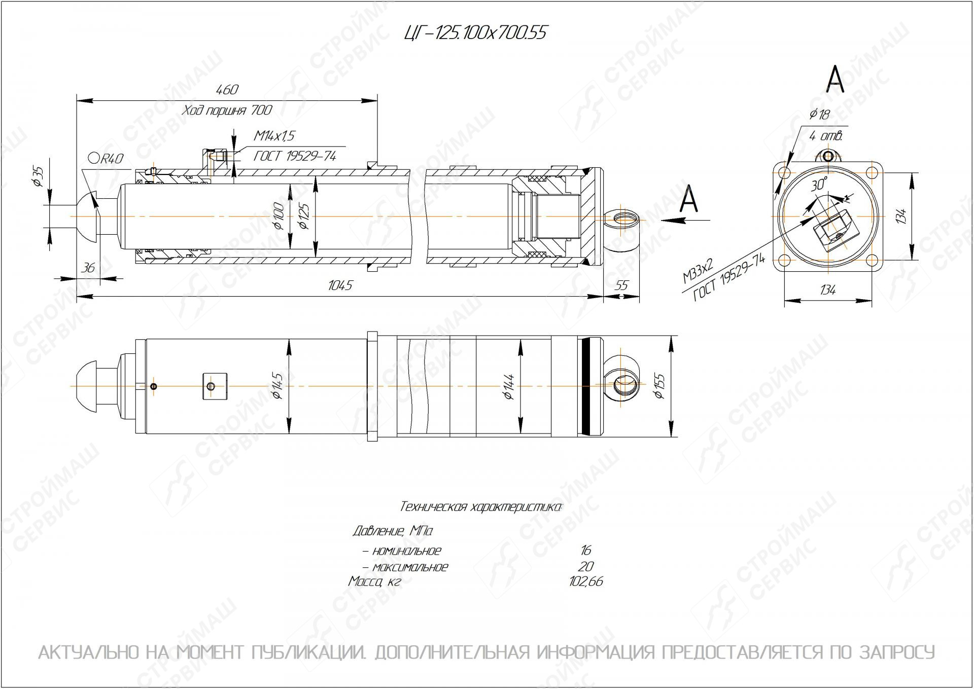  Чертеж ЦГ-125.100х700.55 Гидроцилиндр