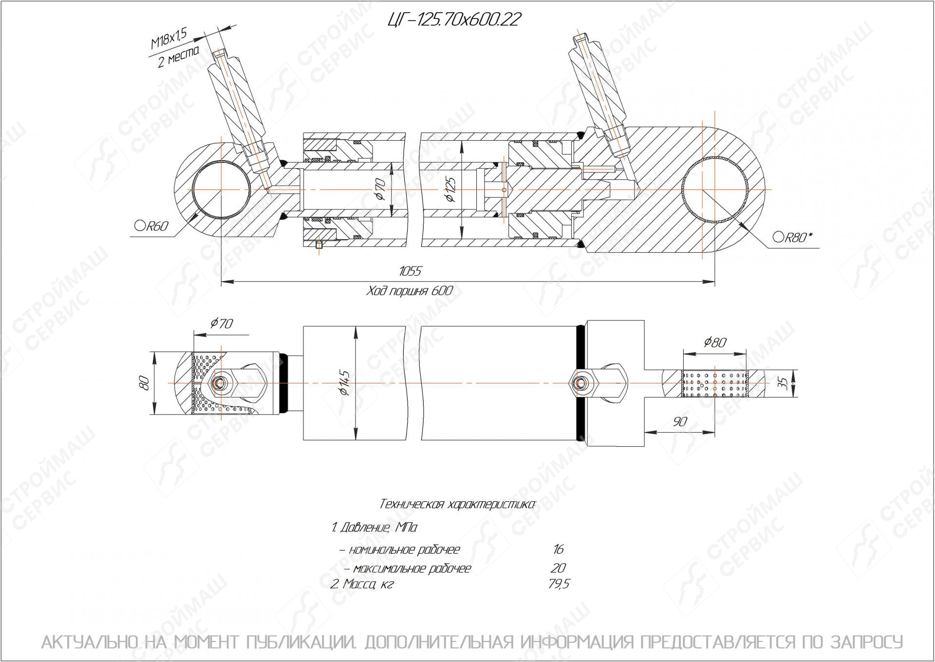  Чертеж ЦГ-125.70х600.22 Гидроцилиндр